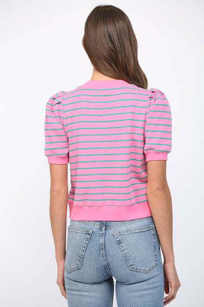 STRIPED SHORT PUFF SLEEVE TOP PINK TEAL