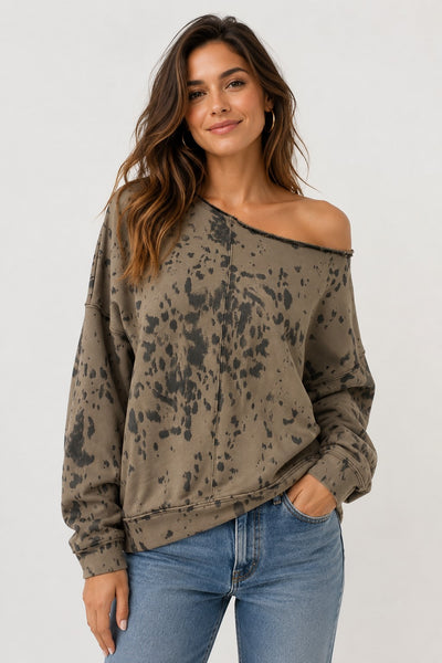 OLIVE SPECKLED ONE SHOULDER SWEATSHIRT