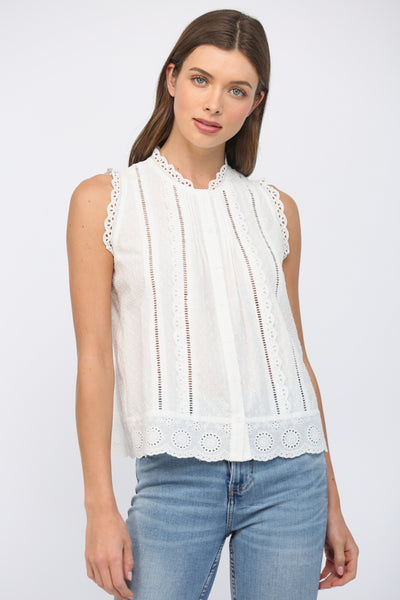 DANI OFF WHITE LACE TRIMMED DOBBY-DOT BLOUSE