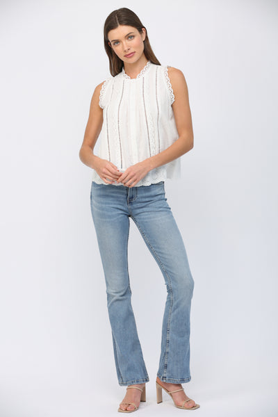 DANI OFF WHITE LACE TRIMMED DOBBY-DOT BLOUSE