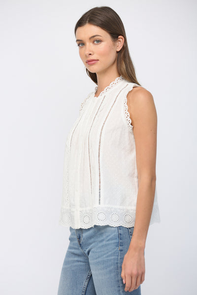 DANI OFF WHITE LACE TRIMMED DOBBY-DOT BLOUSE