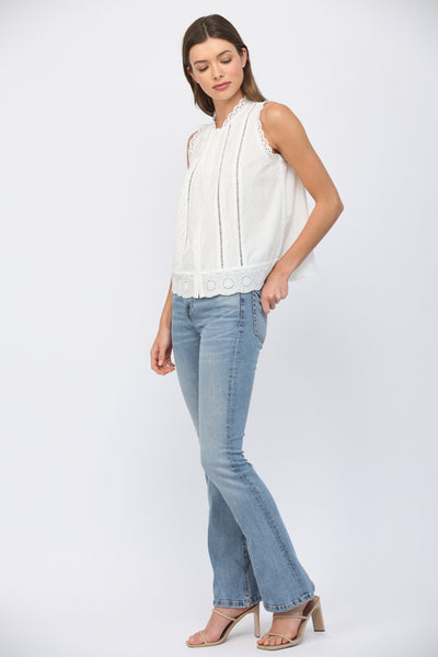 DANI OFF WHITE LACE TRIMMED DOBBY-DOT BLOUSE