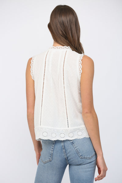 DANI OFF WHITE LACE TRIMMED DOBBY-DOT BLOUSE