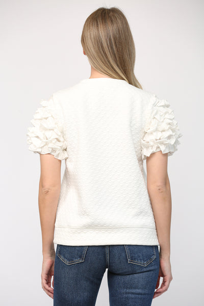 FATE OFF WHITE TEXTURED PUFF SLEEVE RUFFLE DETAIL TOP