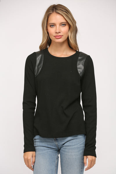 FATE BLACK FAUX LEATHER TRIMMED TOP