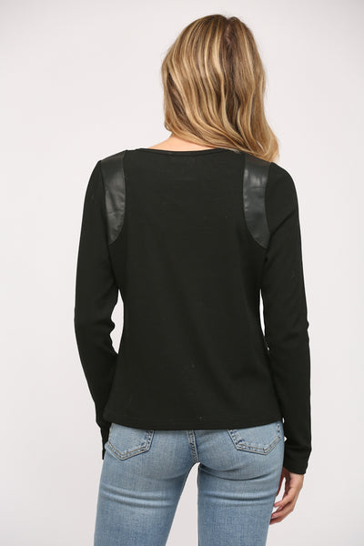 FATE BLACK FAUX LEATHER TRIMMED TOP