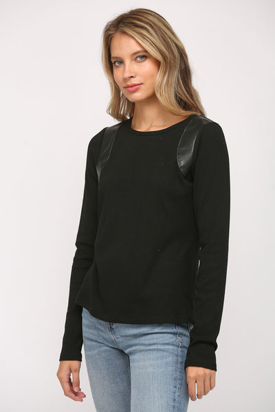 FATE BLACK FAUX LEATHER TRIMMED TOP