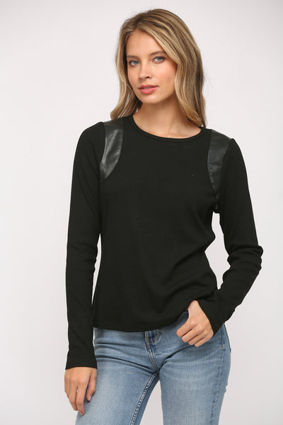 FATE BLACK FAUX LEATHER TRIMMED TOP