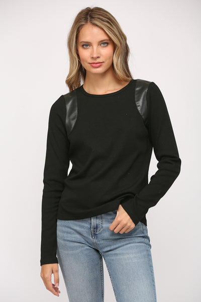 FATE BLACK FAUX LEATHER TRIMMED TOP