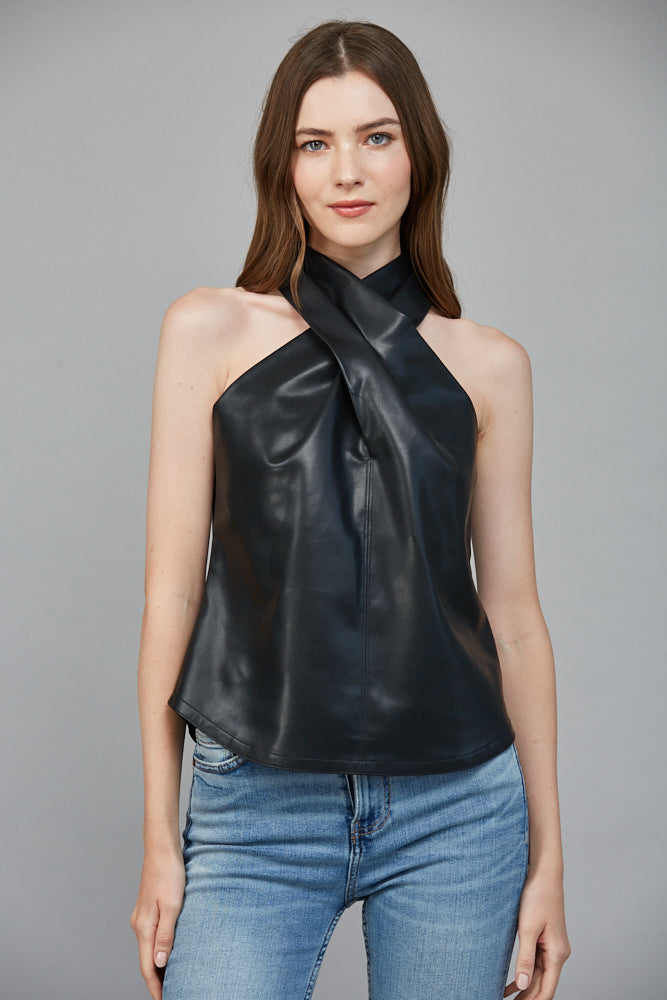 FATE BLACK FAUX LEATHER CRISSCROSS SLEEVELESS TOP