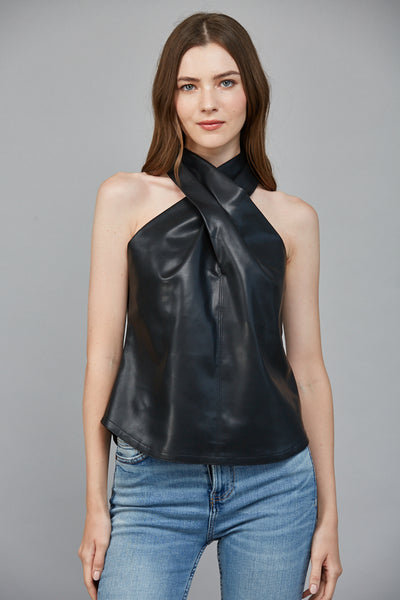FATE BLACK FAUX LEATHER CRISSCROSS SLEEVELESS TOP