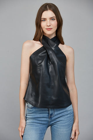 FATE BLACK FAUX LEATHER CRISSCROSS SLEEVELESS TOP