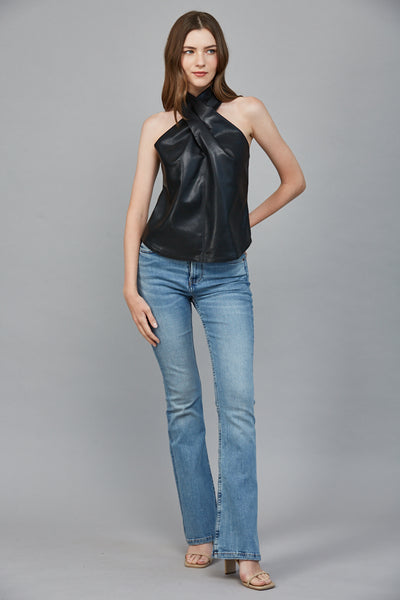 FATE BLACK FAUX LEATHER CRISSCROSS SLEEVELESS TOP