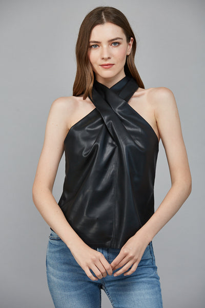 FATE BLACK FAUX LEATHER CRISSCROSS SLEEVELESS TOP