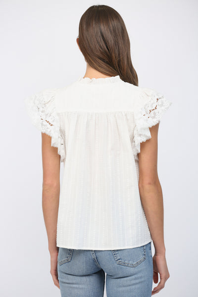 OFF WHITE RUFFLED SHORT SLEEVES CROCHET LACE FLOWY TOP