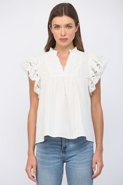 OFF WHITE RUFFLED SHORT SLEEVES CROCHET LACE FLOWY TOP