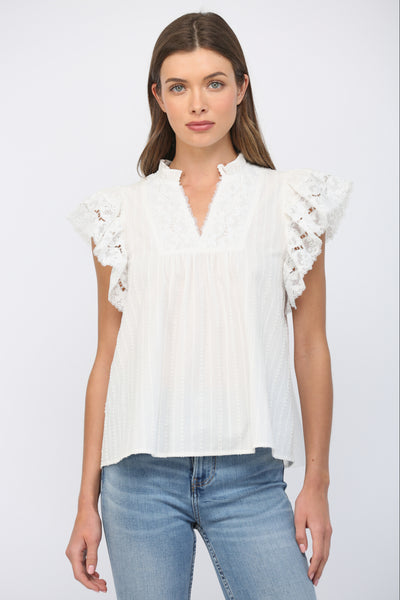 OFF WHITE RUFFLED SHORT SLEEVES CROCHET LACE FLOWY TOP