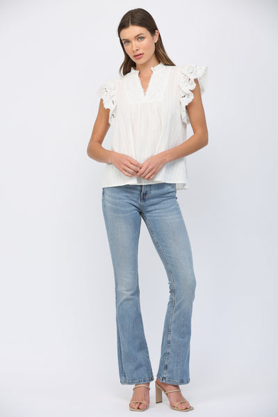 OFF WHITE RUFFLED SHORT SLEEVES CROCHET LACE FLOWY TOP