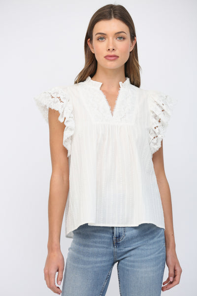 OFF WHITE RUFFLED SHORT SLEEVES CROCHET LACE FLOWY TOP