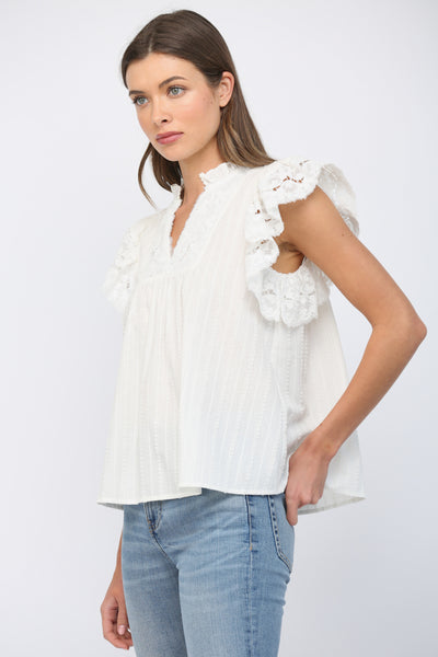 OFF WHITE RUFFLED SHORT SLEEVES CROCHET LACE FLOWY TOP