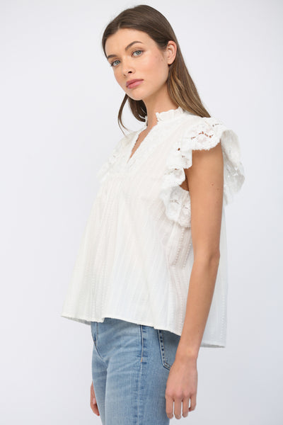 OFF WHITE RUFFLED SHORT SLEEVES CROCHET LACE FLOWY TOP