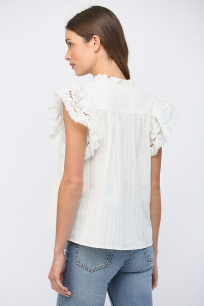 OFF WHITE RUFFLED SHORT SLEEVES CROCHET LACE FLOWY TOP