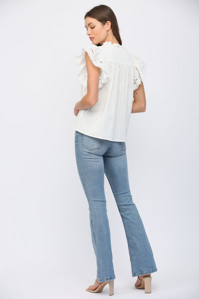 OFF WHITE RUFFLED SHORT SLEEVES CROCHET LACE FLOWY TOP