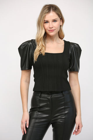 FATE CONTRAST FAUX LEATHER PUFF SLEEVE BUSTIER TOP FINAL SALE