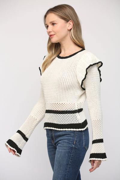 FATE WHITE AND BLACK RUFFLE CONTRAST SWEATER