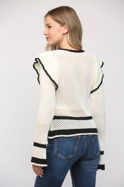 FATE WHITE AND BLACK RUFFLE CONTRAST SWEATER