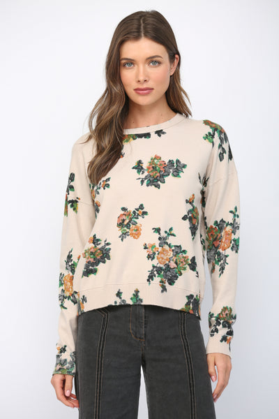 BEIGE FLORAL PRINT CREW SWEATER