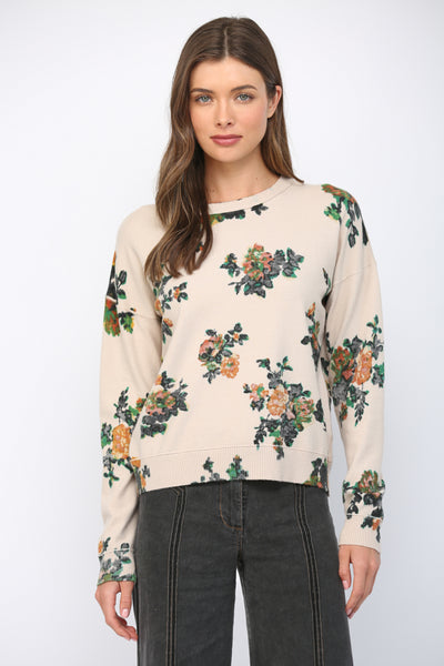 BEIGE FLORAL PRINT CREW SWEATER