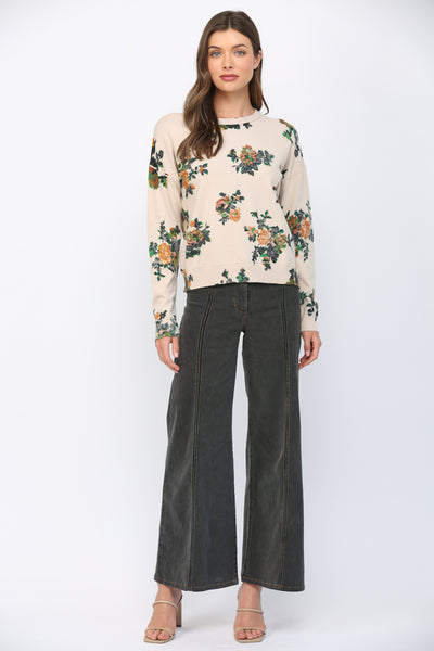 BEIGE FLORAL PRINT CREW SWEATER