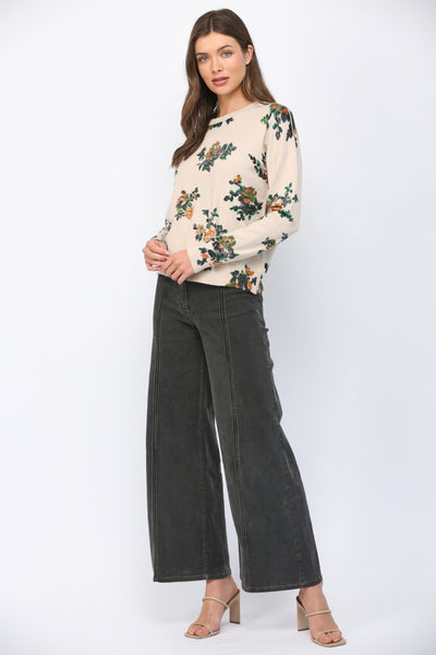 BEIGE FLORAL PRINT CREW SWEATER