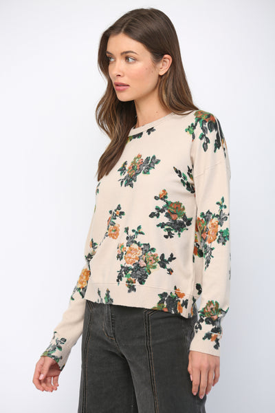 BEIGE FLORAL PRINT CREW SWEATER