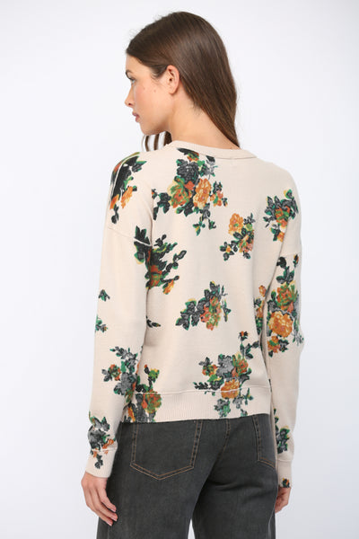 BEIGE FLORAL PRINT CREW SWEATER