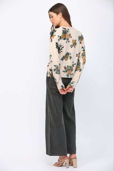 BEIGE FLORAL PRINT CREW SWEATER