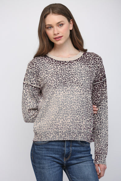 BEIGE PLUM ANIMAL PRINT CREW SWEATER