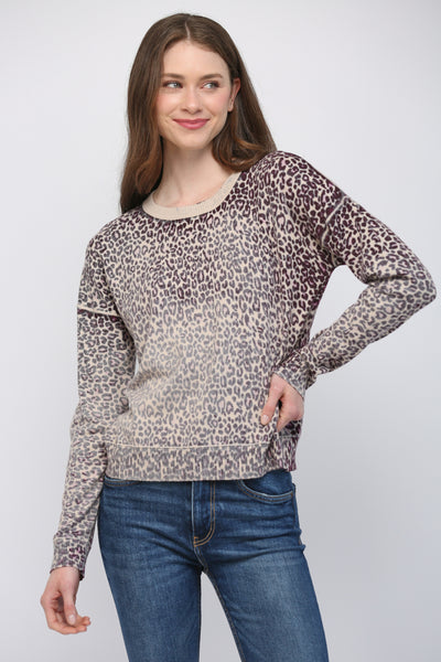 BEIGE PLUM ANIMAL PRINT CREW SWEATER