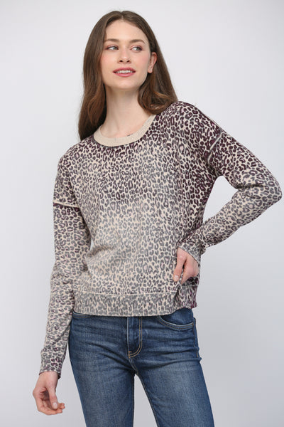 BEIGE PLUM ANIMAL PRINT CREW SWEATER