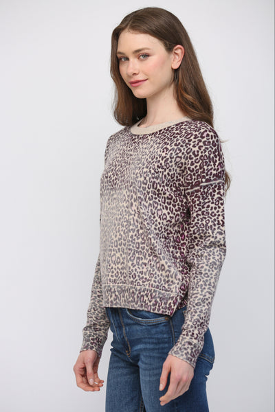 BEIGE PLUM ANIMAL PRINT CREW SWEATER
