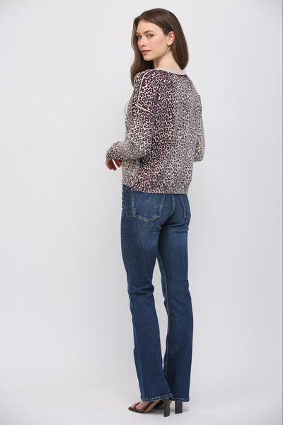 BEIGE PLUM ANIMAL PRINT CREW SWEATER