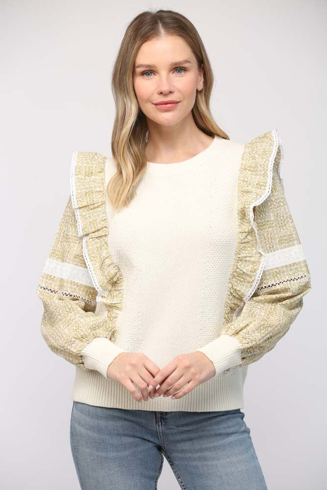 FATE CREAM WITH OLIVE RUFFLE CONTRAST SWEATER