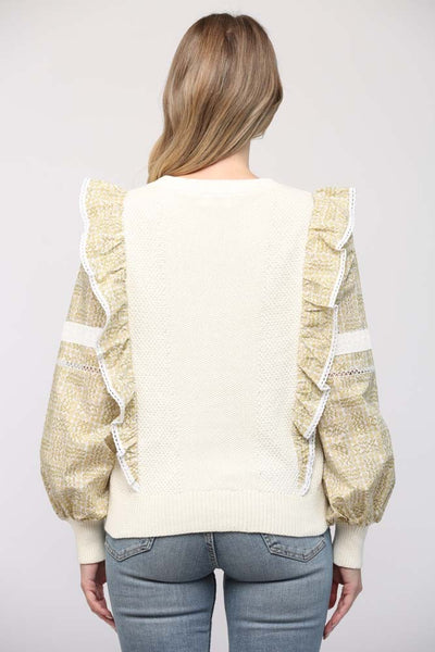 FATE CREAM WITH OLIVE RUFFLE CONTRAST SWEATER