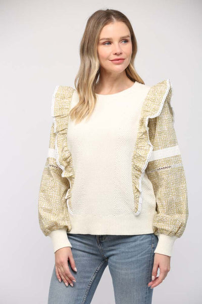 FATE CREAM WITH OLIVE RUFFLE CONTRAST SWEATER