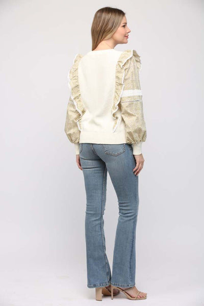 FATE CREAM WITH OLIVE RUFFLE CONTRAST SWEATER