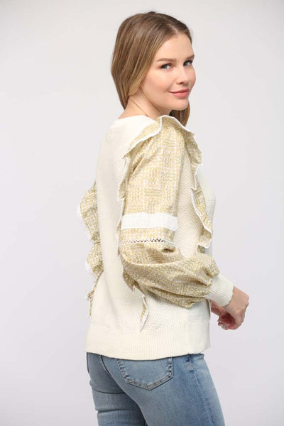 FATE CREAM WITH OLIVE RUFFLE CONTRAST SWEATER