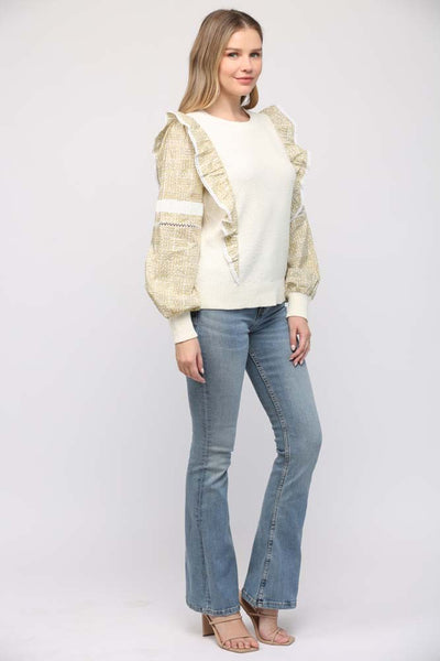 FATE CREAM WITH OLIVE RUFFLE CONTRAST SWEATER