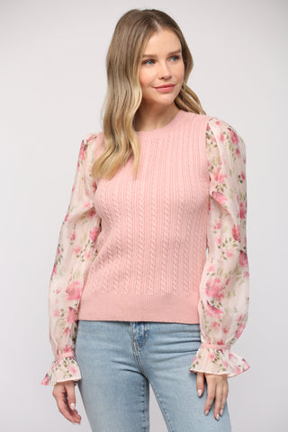 FATE PINK FLORAL PRINT ORGANZA CABLE SWEATER