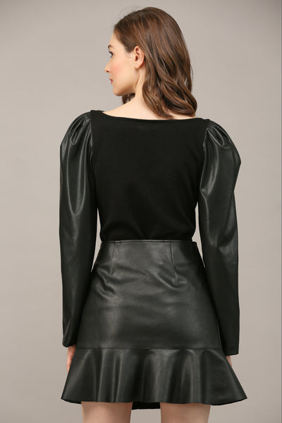 FATE BLACK FAUX LEATHER PUFF SLEEVE SWEATER TOP